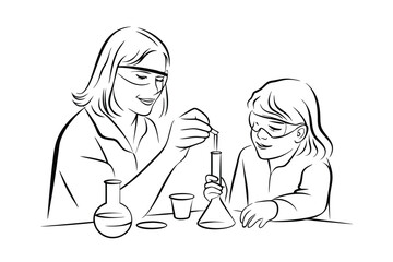 Fototapeta premium Woman and child conducting science experiment line art vector illustration