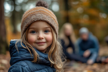 Fototapeta premium Adorable child in a Cozy Winter Hat Enjoying an Autumn Picnic with Family in a Scenic Forest Camping Adventure, generative ai