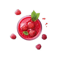 Top view of raspberry smoothie in glass with raspberries and mint leaves