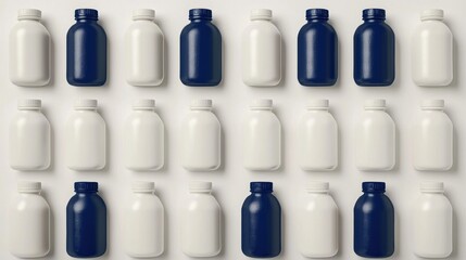 A grid of sixteen bottles, arranged in four rows and four columns, with alternating blue and white colors.