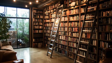 Obraz premium Cozy industrial home library with floor to ceiling bookshelves, steel ladders,