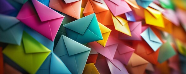 Multitude of vibrant envelopes stacked together to form an abstract depiction of communication