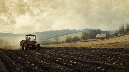 Fototapeta premium Tractor Plowing Field in Rural Landscape with Farmhouse on Hill