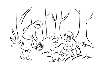 Girls gathering mushrooms in forest outline illustration for coloring book or activity