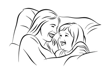 Linear illustration depicting a happy mother laughing with her daughter in bed together
