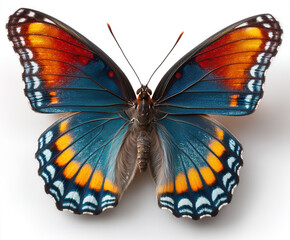 Fototapeta premium A colorful butterfly with wings fully open, symmetrically displayed on a white backdrop