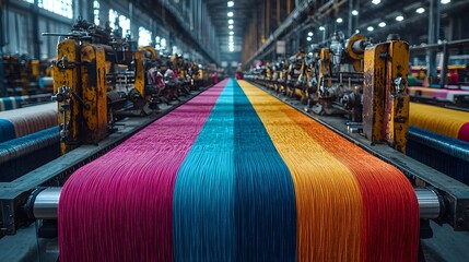 Vibrant textile factory with weaving producing colorful fabrics