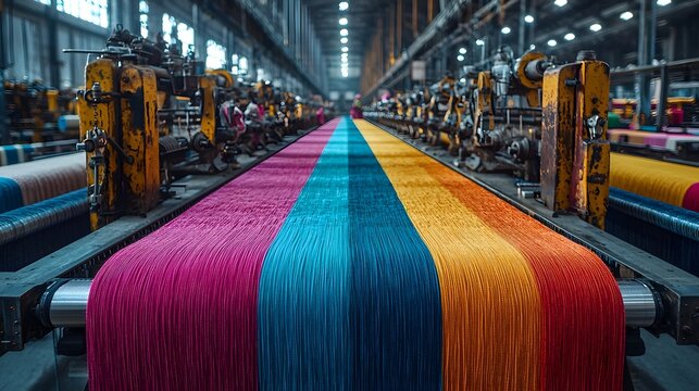 Vibrant textile factory with weaving producing colorful fabrics