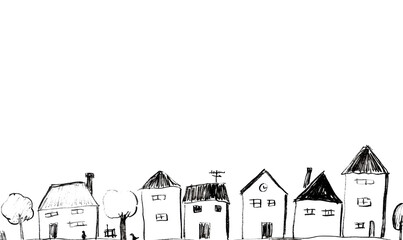 Fototapeta premium Row of Houses in a Suburban Neighborhood Sketch Style Illustration on white and transparent background. PNG