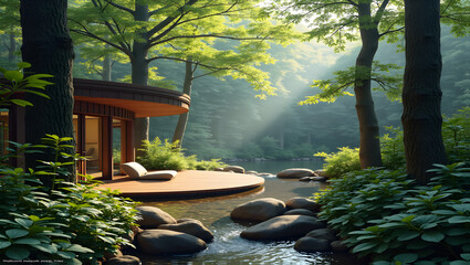 Serene forest sanctuary with meditation spaces
