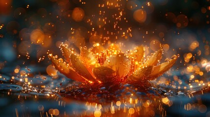 Obraz premium Droplets fall around a blossom, highlighting nature's beauty at dusk