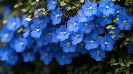 Bright blue petals charm against lush green leaves, celebrating spring joy
