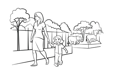 Mother and daughter walking at the zoo outline illustration with animals and trees