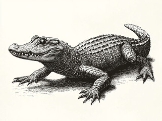Detailed black and white drawing of an alligator with scales and sharp teeth on a white backdrop