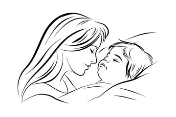 Mother and baby sleeping outline illustration gentle care and love connection artistic drawing