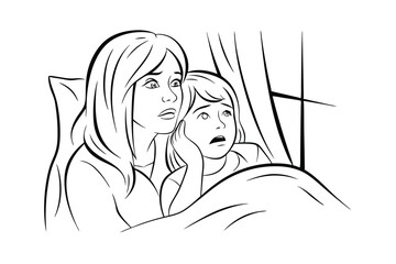Mother and child scared in bed hearing a noise outline illustration vector