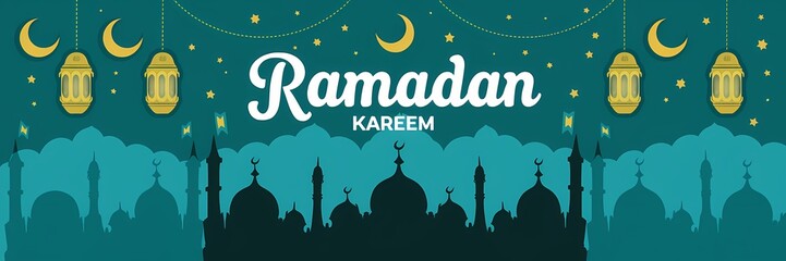 Festive vibrant Ramadan design featuring glowing lanterns crescent moons sparkling stars mosque silhouettes on rich teal background with elegant white Ramadan Kareem typography celebrating holy month