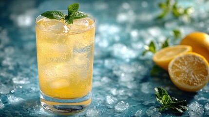Fototapeta premium Zesty drink garnished with fresh mint and lemon slices on a bed of ice