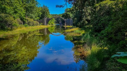 Panoramic view of the famous Rakotzbrücke Devil's Bridge in Gablenz, Germany