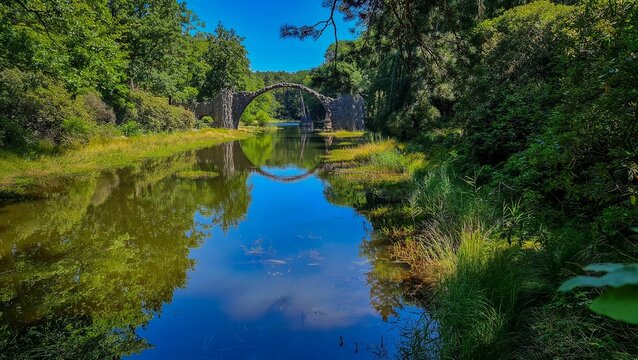 Panoramic view of the famous Rakotzbr&uuml;cke Devil's Bridge in Gablenz, Germany