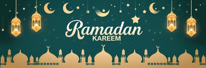 Festive vibrant Ramadan design featuring glowing lanterns crescent moons sparkling stars mosque silhouettes on rich teal background with elegant white Ramadan Kareem typography celebrating holy month