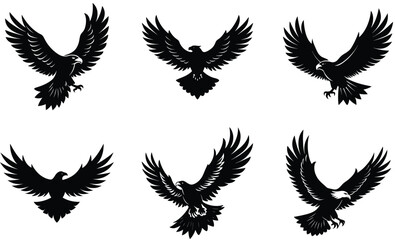 Fototapeta premium Eagle soaring high silhouette black vector art design set 