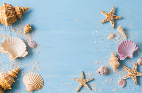 Starfishes and seashells framing a light blue wooden background with sand - Powered by Adobe