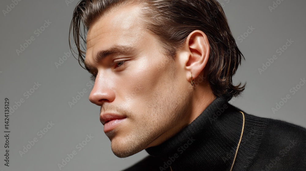 Poster a young man exudes confidence in a sleek black turtleneck, his profile illuminated softly. the minim