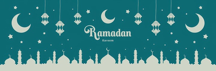 Festive vibrant Ramadan design featuring glowing lanterns crescent moons sparkling stars mosque silhouettes on rich teal background with elegant white Ramadan Kareem typography celebrating holy month