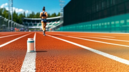 product packaging suitable for branding. concept sports products. energy drink or protein powder or healthy snack package. blank space for text or branding. athletic track and runner on blurred backgr