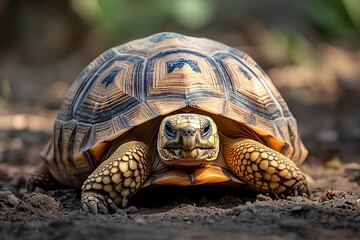 Obraz premium A slow-moving tortoise with a patterned shell, resting on the ground, exuding tranquility