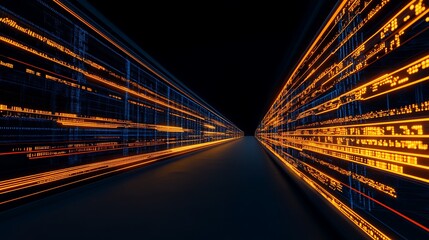Futuristic Digital Corridor Glowing Binary Code Walls Abstract Data Stream Neon Orange and Blue SciFi Technology Background