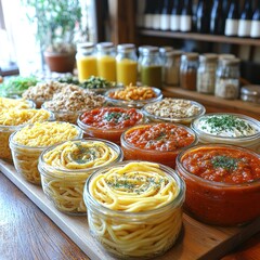 Colorful jars of pasta sauces and toppings attract food lovers in a cozy space