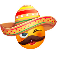 Funny emoji in sombrero hat with mustache. Cute Mexican emoticon wearing sombrero on white background.