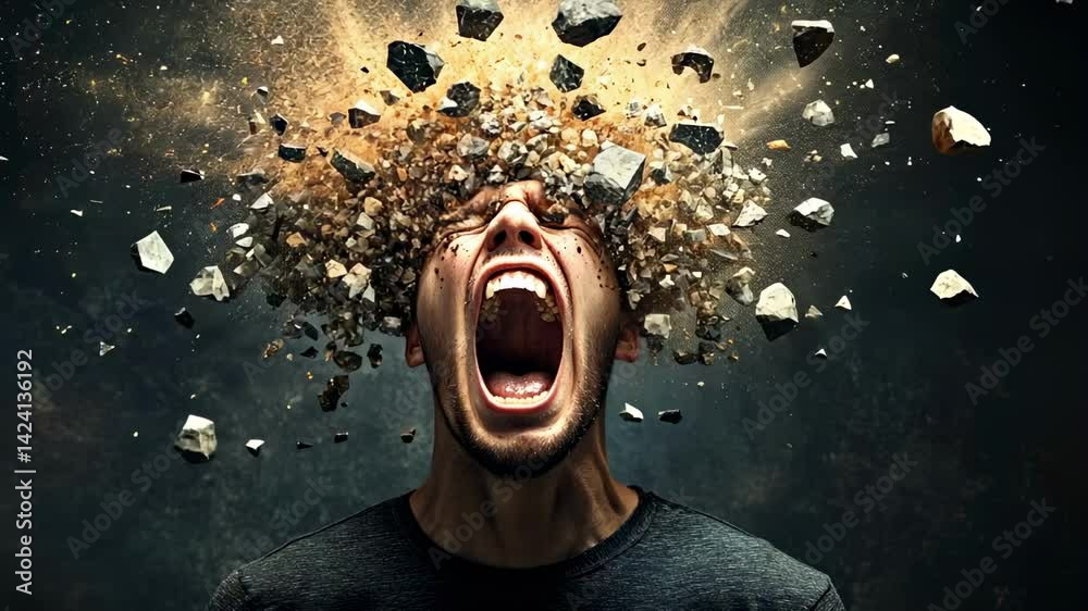 Poster intense emotional portrait of a man screaming in extreme frustration and anger, his head exploding w