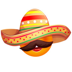 Funny emoji in sombrero hat with mustache. Cute Mexican emoticon wearing sombrero on white background.