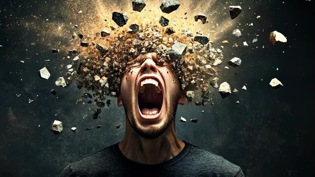 Intense emotional portrait of a man screaming in extreme frustration and anger, his head exploding with rocks and dust particles, symbolizing mental breakdown and stress