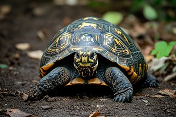 Obraz premium A slow-moving tortoise with a patterned shell, resting on the ground, exuding tranquility