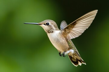 Fototapeta premium A small but fierce hummingbird hovering in mid-air, its wings blurred from the motion