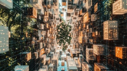 Cubes and wires representing data streams in a nature environment
