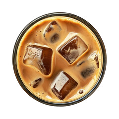 Overhead view of iced coffee in a glass with ice cubes on a black background