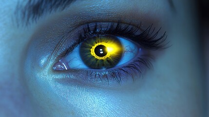 Obraz premium A close-up of an eye showcasing a striking golden iris illuminating a mysterious ambiance