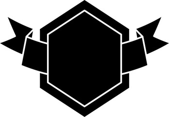 Bold black emblem badge with hexagon center and side ribbons. Ideal for logo frames, retro labels, award badges, or decorative icons.