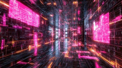 An illuminated futuristic digital tunnel showcasing geometric neon light displays