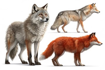 Obraz premium A set of wolves and foxes, PNG with transparent background, AI. A set of wolves and red foxes AI generated