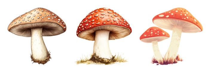 Watercolor illustration set of amanita mushrooms with spots on a white and transparent background png