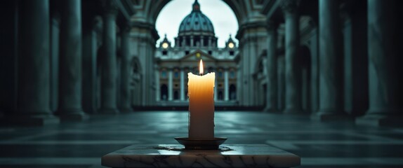 A softly glowing candle in the foreground, with the illuminated St. Peter's Basilica visible through an archway in the background.