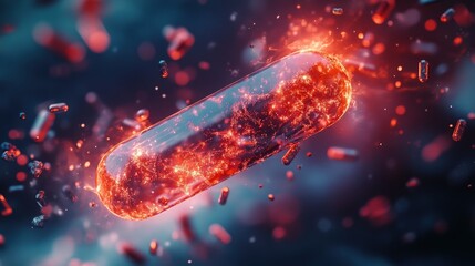 Glowing red capsule with particles floating in a dark blue space