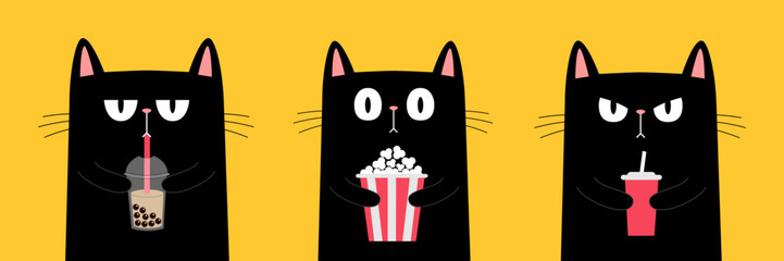 Funny cat set. Popcorn, soda, bubble milk tea. Kitten watching movie. Cute cartoon character. Film show. Cinema theater. Kids sticker print. Childish style. Flat design. Yellow background. Vector