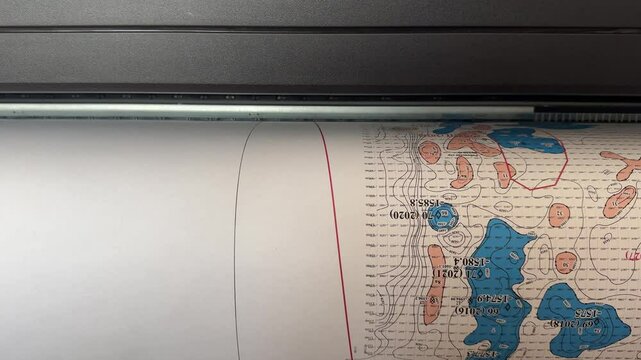A plotter prints a comprehensive terrain map, showcasing elevation differences and underground geological features on oversized paper.
